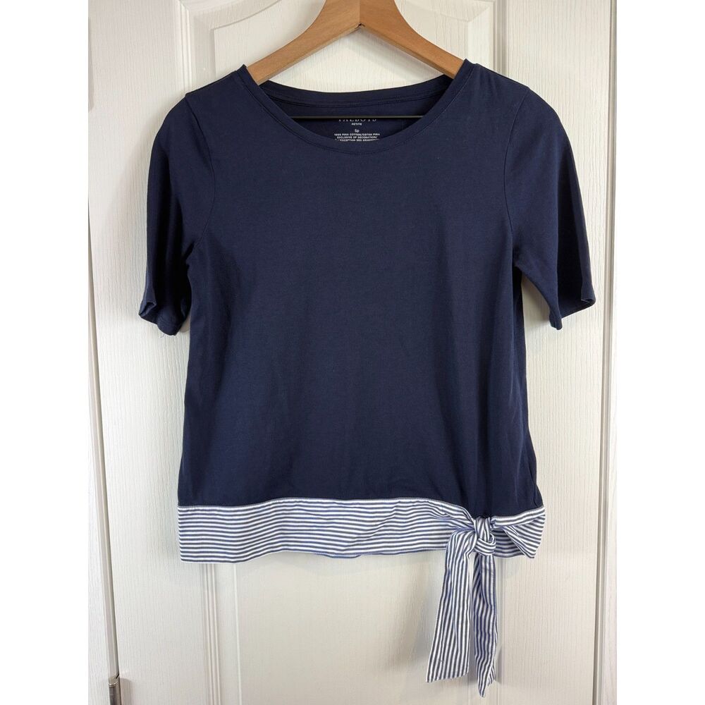 Talbots Petite Womens SP Navy Blue Pima Cotton Stripe Tie Hem Top Short Sleeve